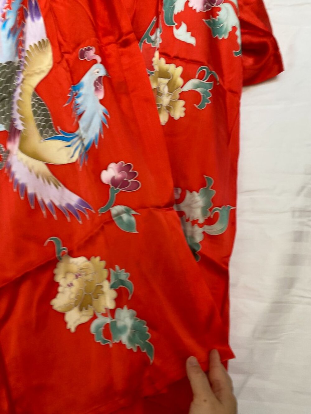 Chinese Silk Robe – Red Floral & Phoenix Print – Long Lightweight Robe - Picture 3 of 7